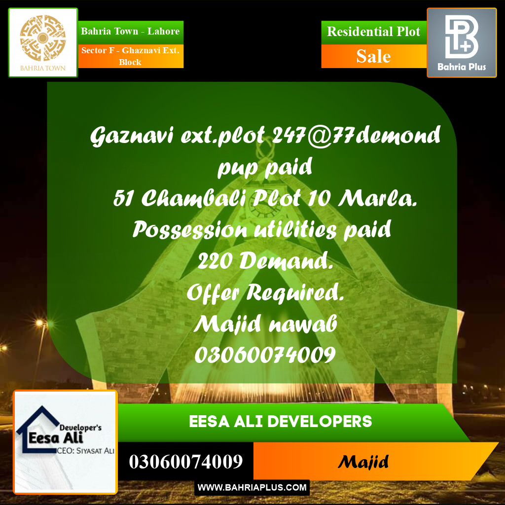 Residential Plot for Sale in Sector F - Ghaznavi Ext. Block - Bahria Town, Lahore - (BP-270241)