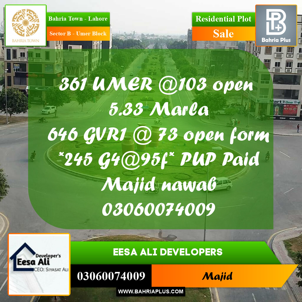 Residential Plot for Sale in Sector B - Umer Block -  Bahria Town, Lahore - (BP-270242)