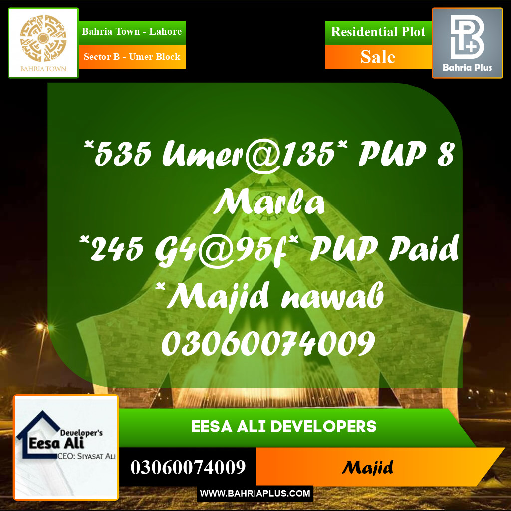 Residential Plot for Sale in Sector B - Umer Block - Bahria Town, Lahore - (BP-270291)