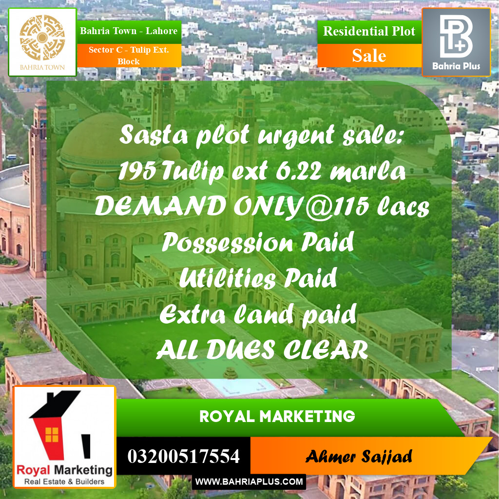 6.22 Marla Residential Plot for Sale in Sector C - Tulip Ext. Block - Bahria Town, Lahore - (BP-270312)