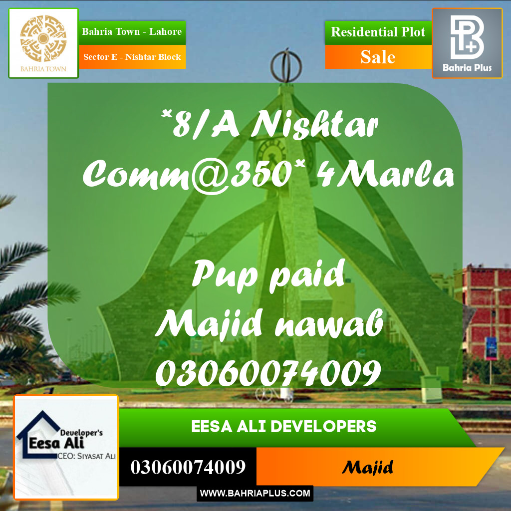 Residential Plot for Sale in Sector E - Nishtar Block - Bahria Town, Lahore - (BP-270319)