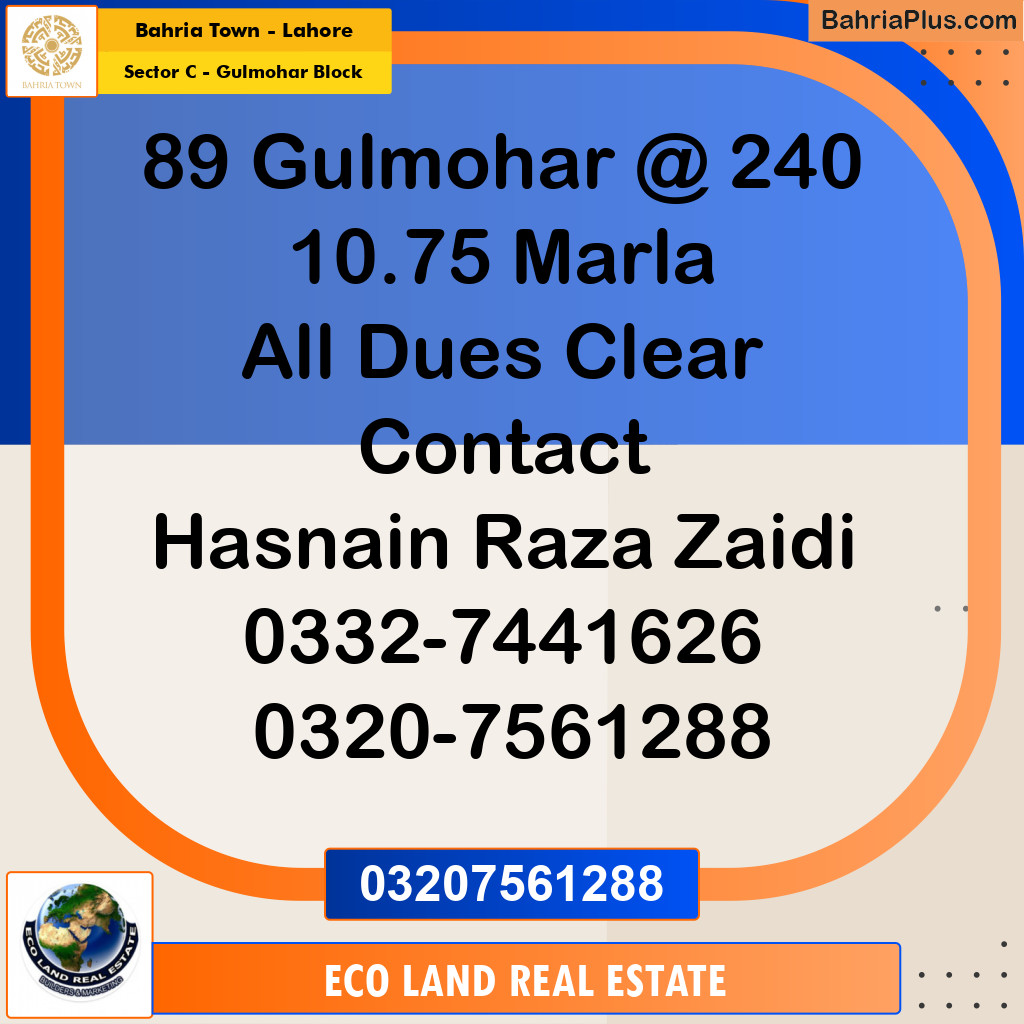 10.75 Marla Residential Plot for Sale in Sector C - Gulmohar Block - Bahria Town, Lahore - (BP-270337)
