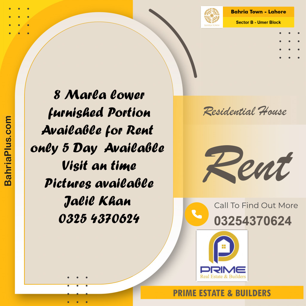 8 Marla Residential House for Rent in Sector B - Umer Block -  Bahria Town, Lahore - (BP-270411)