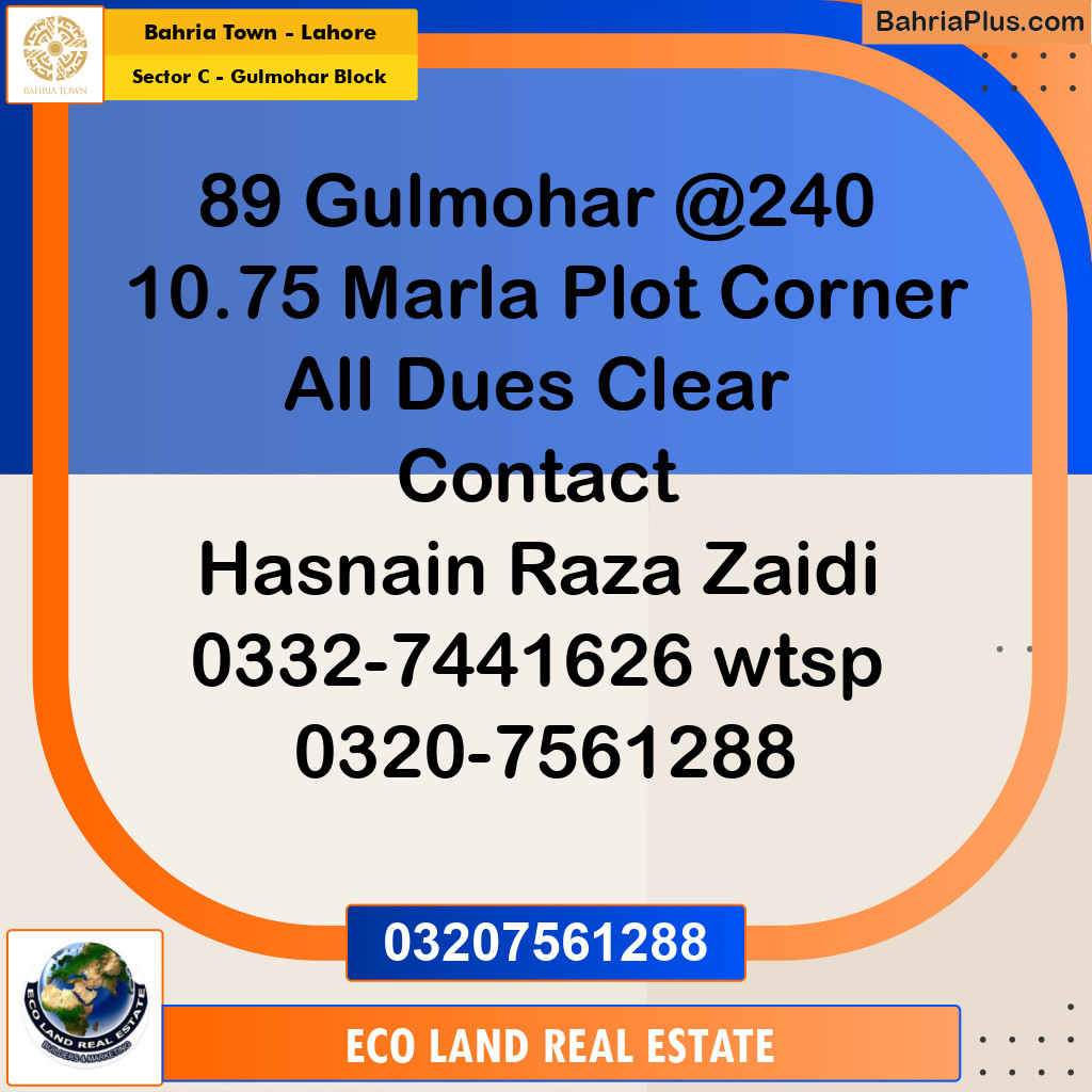 10.75 Marla Residential Plot for Sale in Sector C - Gulmohar Block -  Bahria Town, Lahore - (BP-270470)
