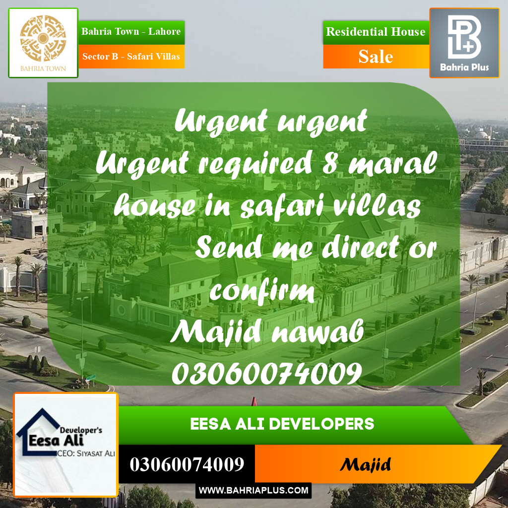 Residential House for Sale in Sector B - Safari Villas -  Bahria Town, Lahore - (BP-270515)