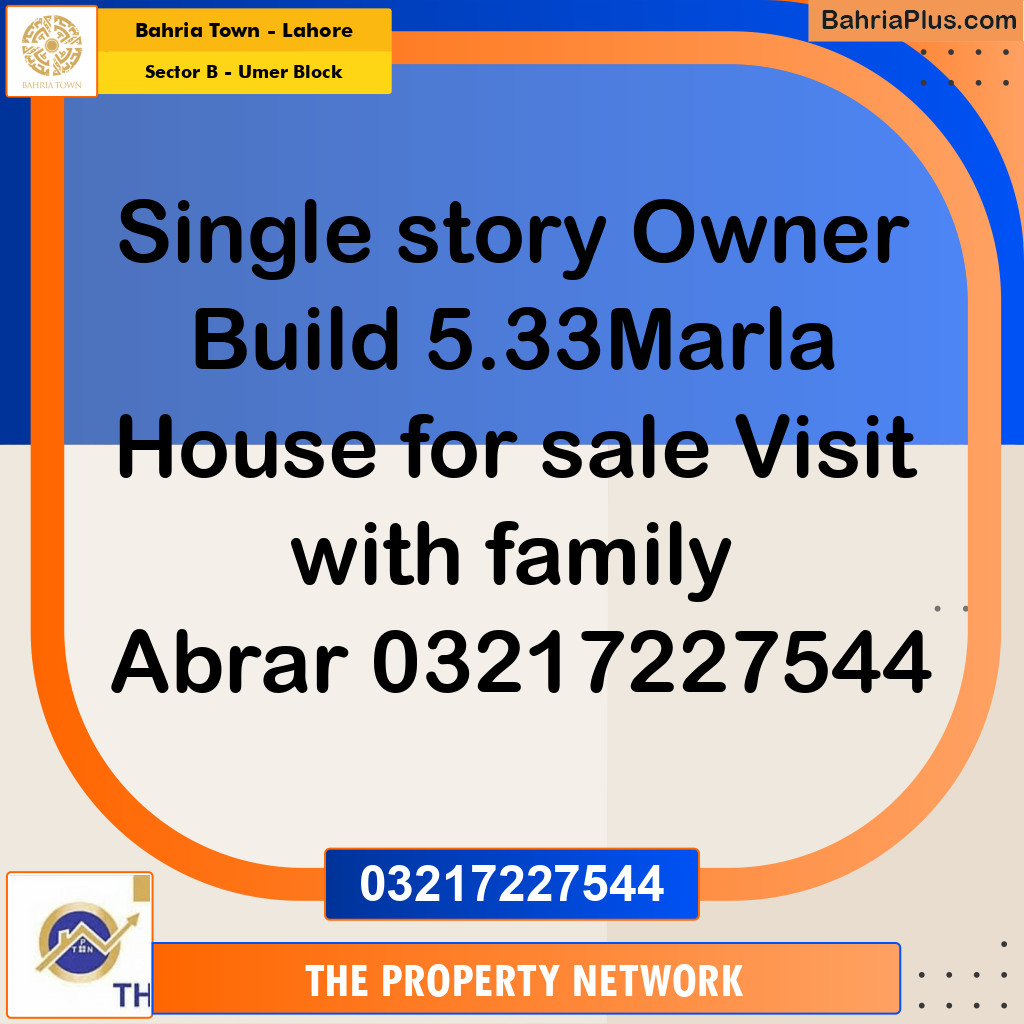 5.33 Marla Residential House for Sale in Sector B - Umer Block -  Bahria Town, Lahore - (BP-270662)