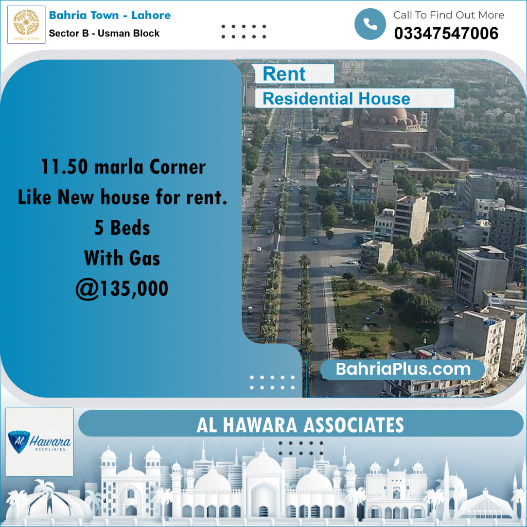 11.5 Marla Residential House for Rent in Sector B - Usman Block -  Bahria Town, Lahore - (BP-270751)