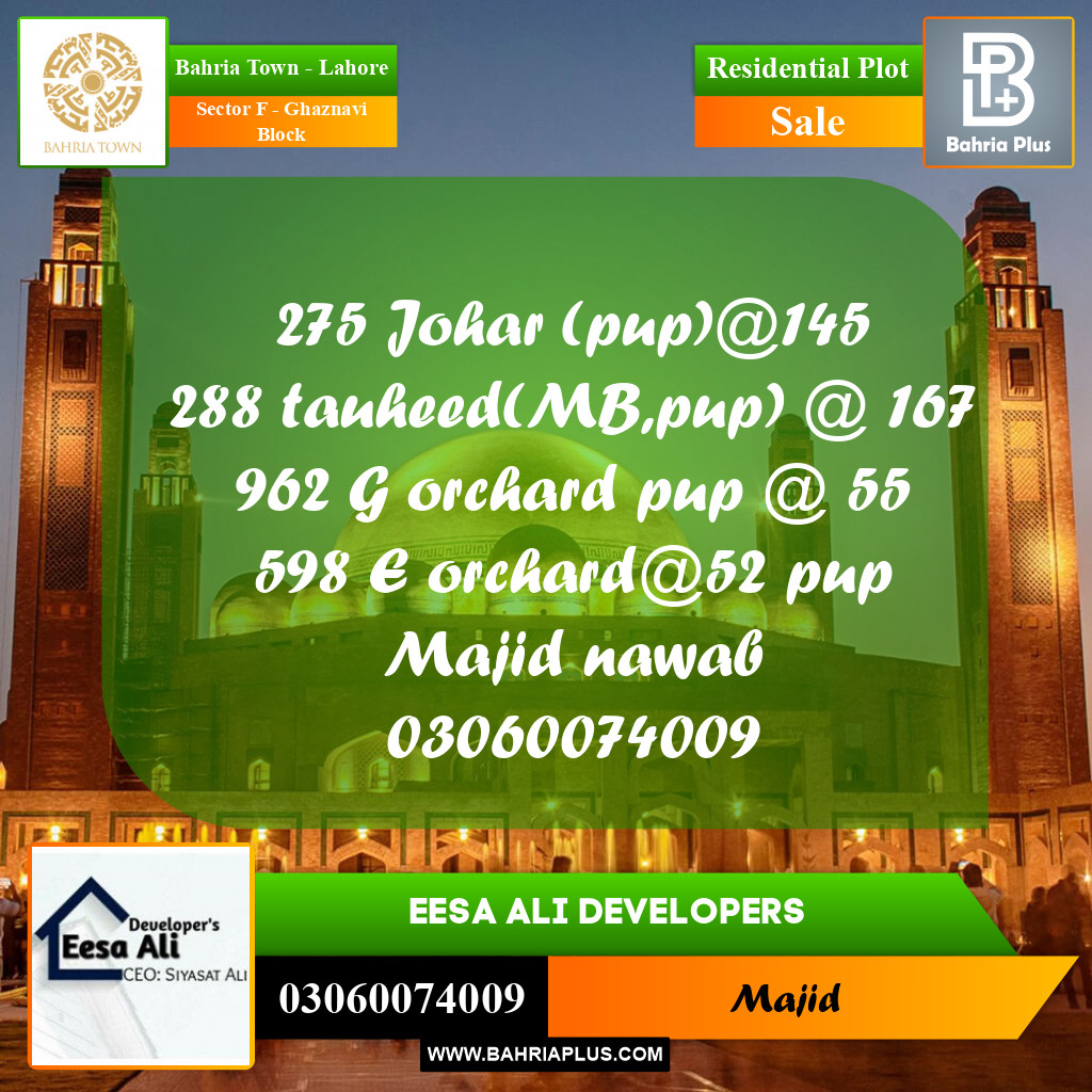 Residential Plot for Sale in Sector F - Ghaznavi Block -  Bahria Town, Lahore - (BP-270871)