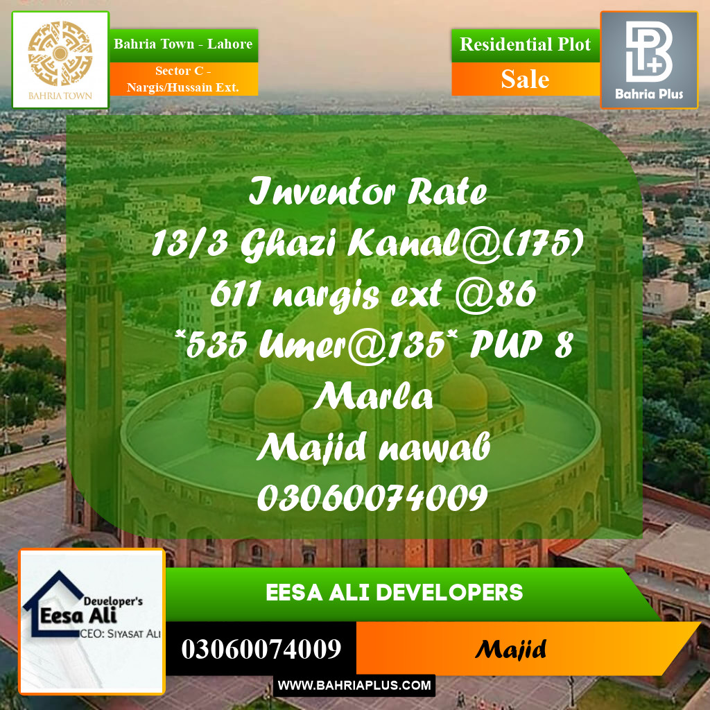 Residential Plot for Sale in Sector C - Nargis/Hussain Ext. -  Bahria Town, Lahore - (BP-270882)