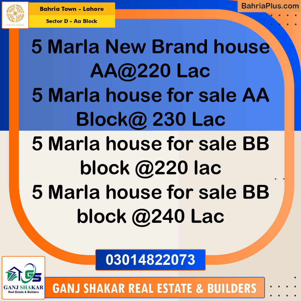 5 Marla Residential House for Sale in Sector D - AA Block -  Bahria Town, Lahore - (BP-270965)