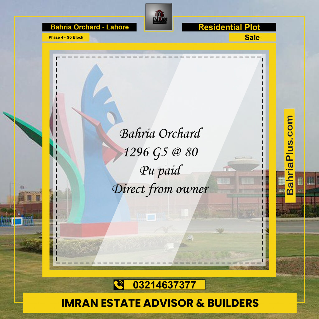 10 Marla Residential Plot for Sale in Phase 4 - G5 Block -  Bahria Orchard, Lahore - (BP-270975)