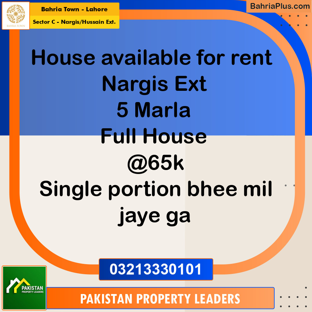 5 Marla Residential House for Rent in Sector C - Nargis/Hussain Ext. -  Bahria Town, Lahore - (BP-271080)