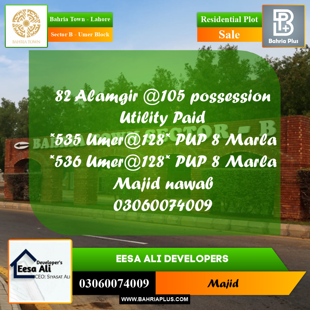 Residential Plot for Sale in Sector B - Umer Block -  Bahria Town, Lahore - (BP-271230)