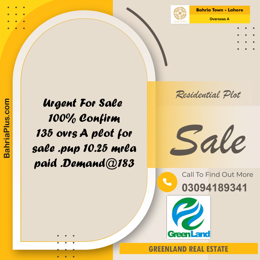 10 Marla Residential Plot for Sale in Overseas A -  Bahria Town, Lahore - (BP-271274)