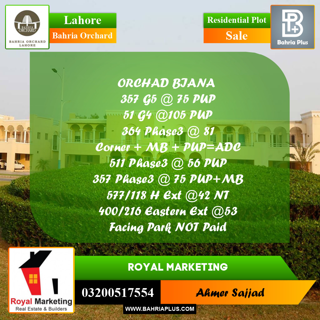 Residential Plot for Sale in Bahria Orchard, Lahore - (BP-271291)