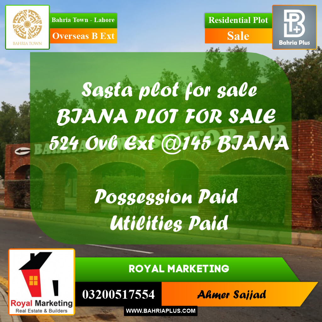 Residential Plot for Sale in Overseas B Ext -  Bahria Town, Lahore - (BP-271408)