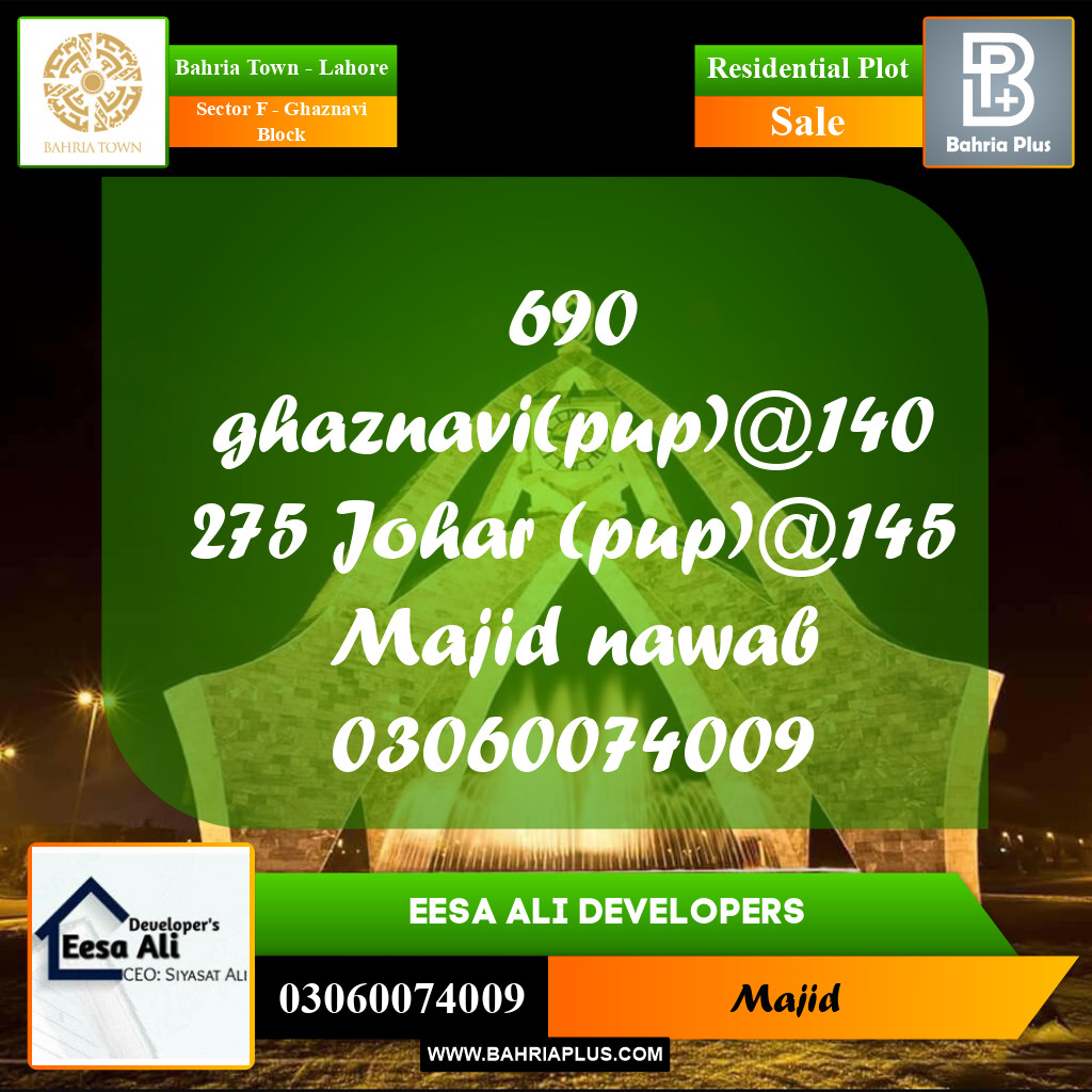 Residential Plot for Sale in Sector F - Ghaznavi Block -  Bahria Town, Lahore - (BP-271421)