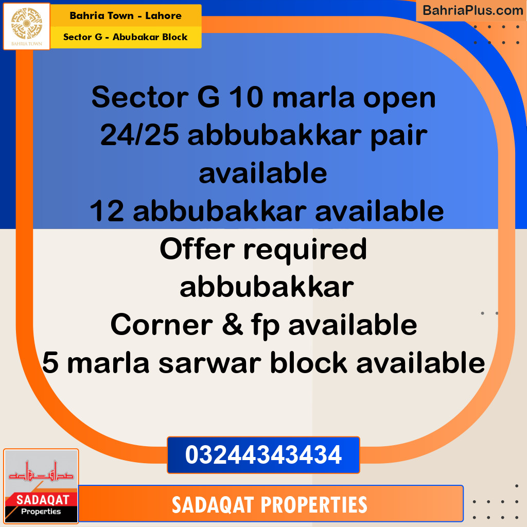 10 Marla Residential Plot for Sale in Sector G - Abubakar Block -  Bahria Town, Lahore - (BP-271446)