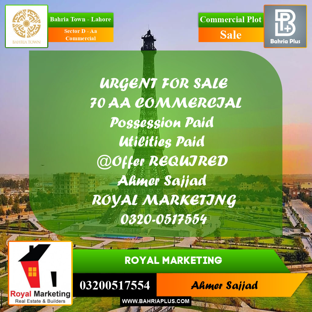 Commercial Plot for Sale in Sector D - AA Commercial -  Bahria Town, Lahore - (BP-271477)