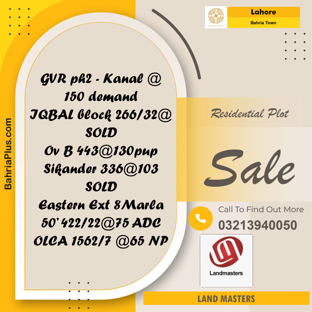 Residential Plot for Sale in Bahria Town, Lahore - (BP-271559)