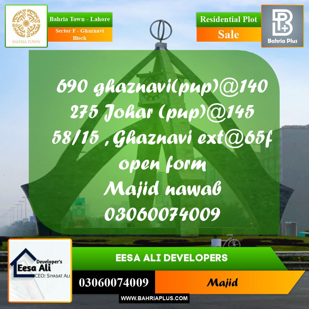 Residential Plot for Sale in Sector F - Ghaznavi Block -  Bahria Town, Lahore - (BP-271590)