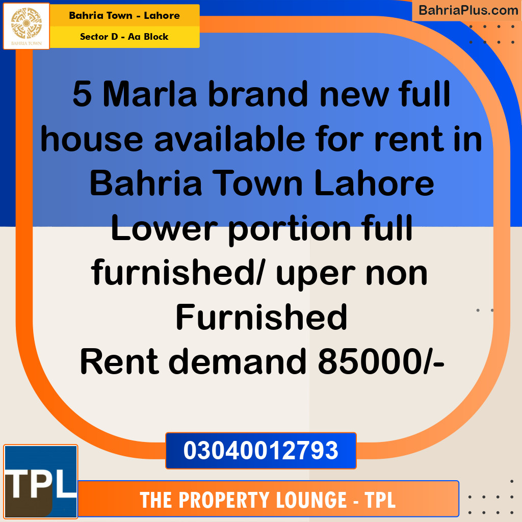 5 Marla Residential House for Rent in Sector D - AA Block -  Bahria Town, Lahore - (BP-271750)