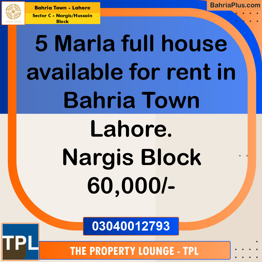 5 Marla Residential House for Rent in Sector C - Nargis/Hussain Block -  Bahria Town, Lahore - (BP-271759)
