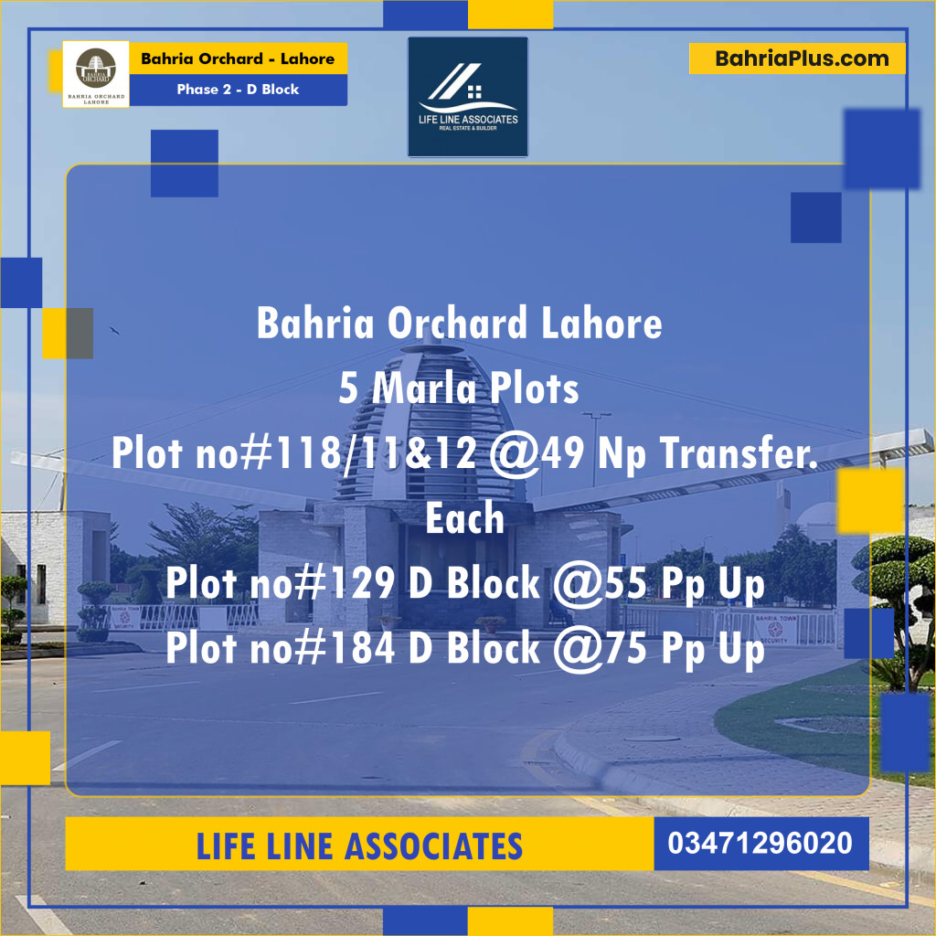 5 Marla Residential Plot for Sale in Phase 2 - D Block -  Bahria Orchard, Lahore - (BP-271834)