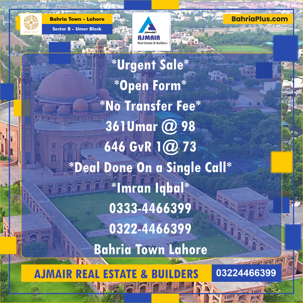 5 Marla Residential Plot for Sale in Sector B - Umer Block -  Bahria Town, Lahore - (BP-271939)