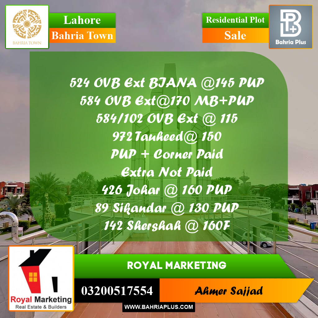 Residential Plot for Sale in Bahria Town, Lahore - (BP-271988)