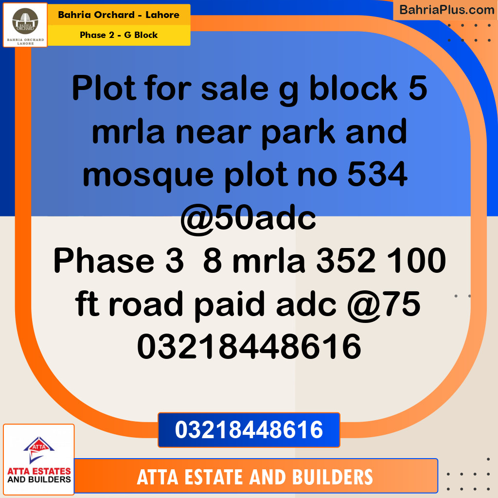 5 Marla Residential Plot for Sale in Phase 2 - G Block -  Bahria Orchard, Lahore - (BP-272076)