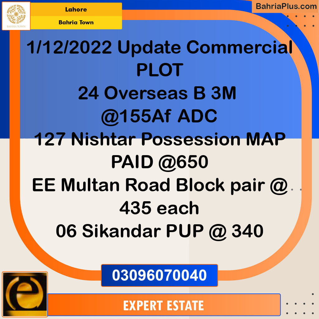 3 Marla Commercial Plot for Sale in Bahria Town, Lahore - (BP-272094)