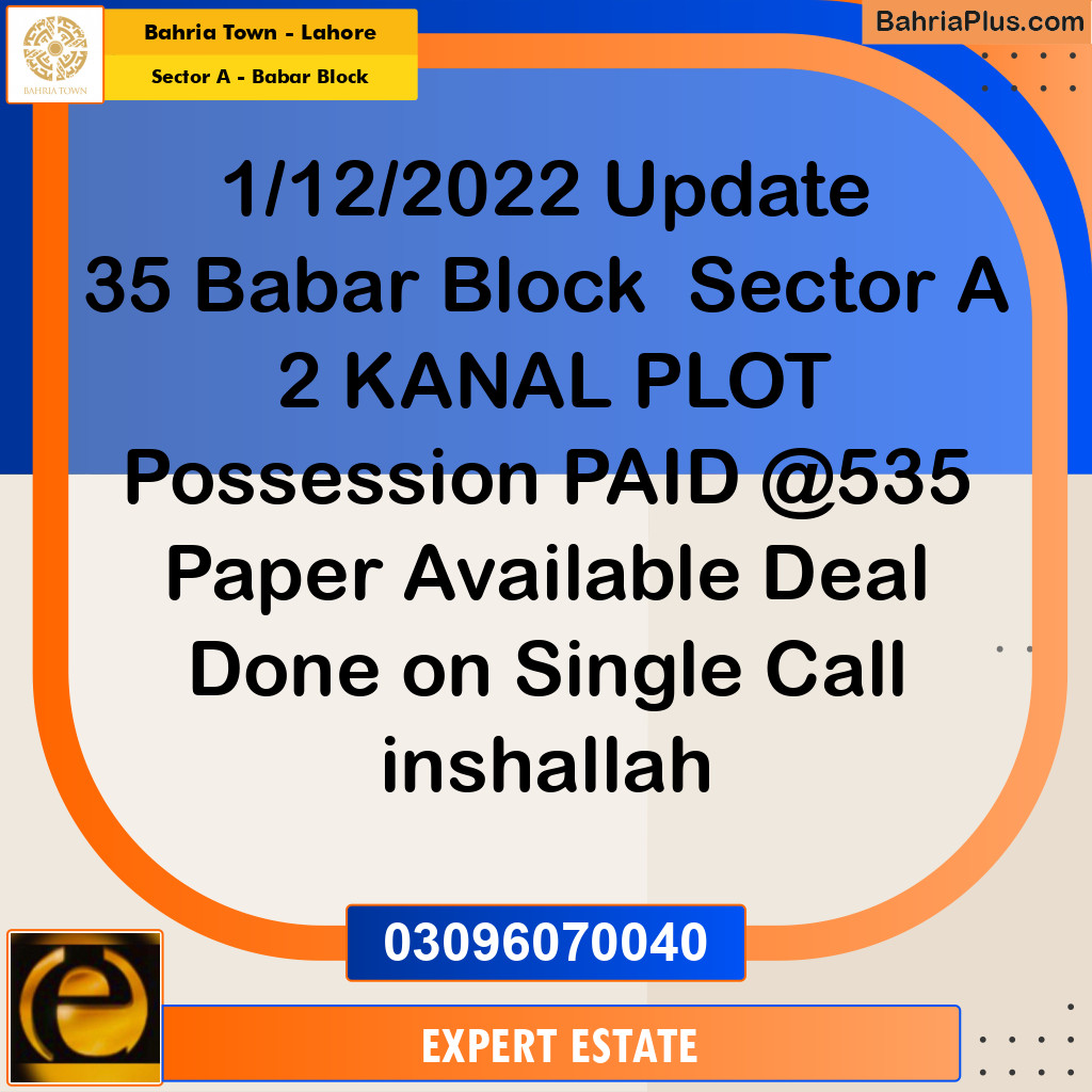 2 Kanal Residential Plot for Sale in Sector A - Babar Block -  Bahria Town, Lahore - (BP-272111)