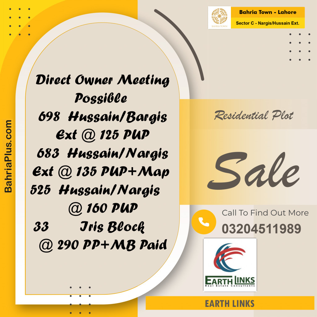10 Marla Residential Plot for Sale in Sector C - Nargis/Hussain Ext. -  Bahria Town, Lahore - (BP-272191)