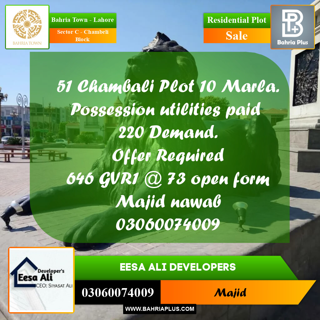 Residential Plot for Sale in Sector C - Chambeli Block -  Bahria Town, Lahore - (BP-272238)