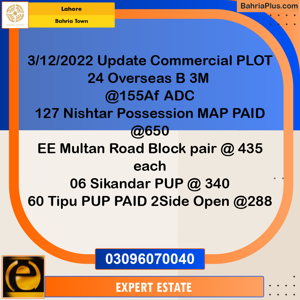 3 Marla Commercial Plot for Sale in Bahria Town, Lahore - (BP-272306)