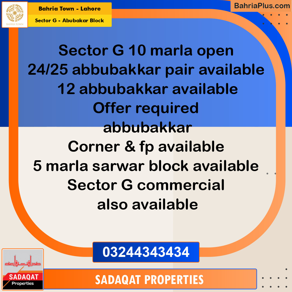 10 Marla Residential Plot for Sale in Sector G - Abubakar Block -  Bahria Town, Lahore - (BP-272478)