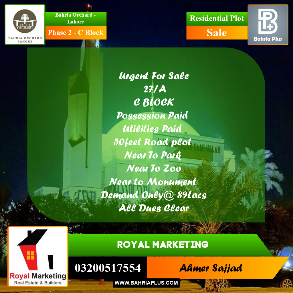 Residential Plot for Sale in Phase 2 - C Block -  Bahria Orchard, Lahore - (BP-272588)