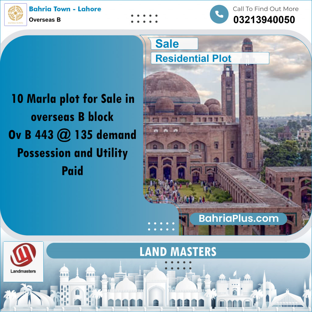 10 Marla Residential Plot for Sale in Overseas B -  Bahria Town, Lahore - (BP-272595)