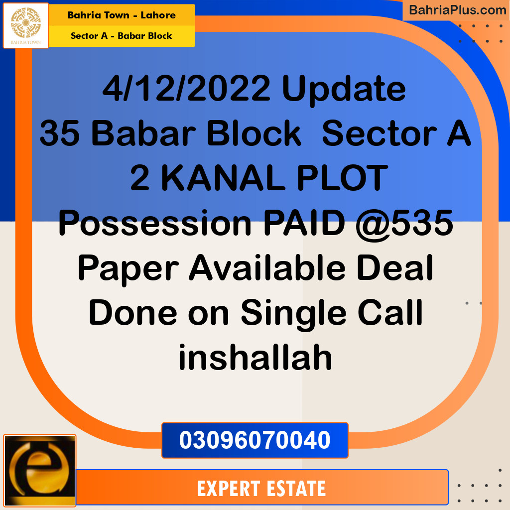 2 Kanal Residential Plot for Sale in Sector A - Babar Block -  Bahria Town, Lahore - (BP-272649)