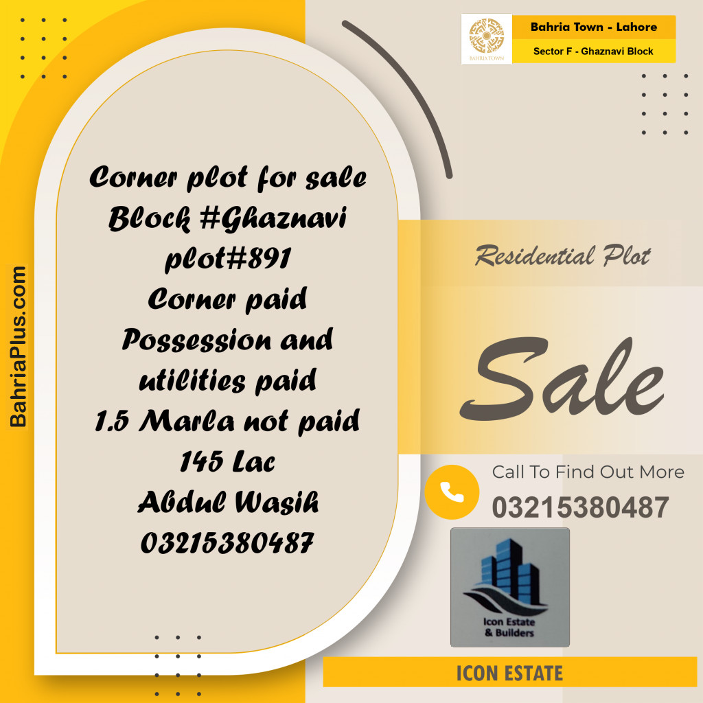 11.5 Marla Residential Plot for Sale in Sector F - Ghaznavi Block -  Bahria Town, Lahore - (BP-272760)