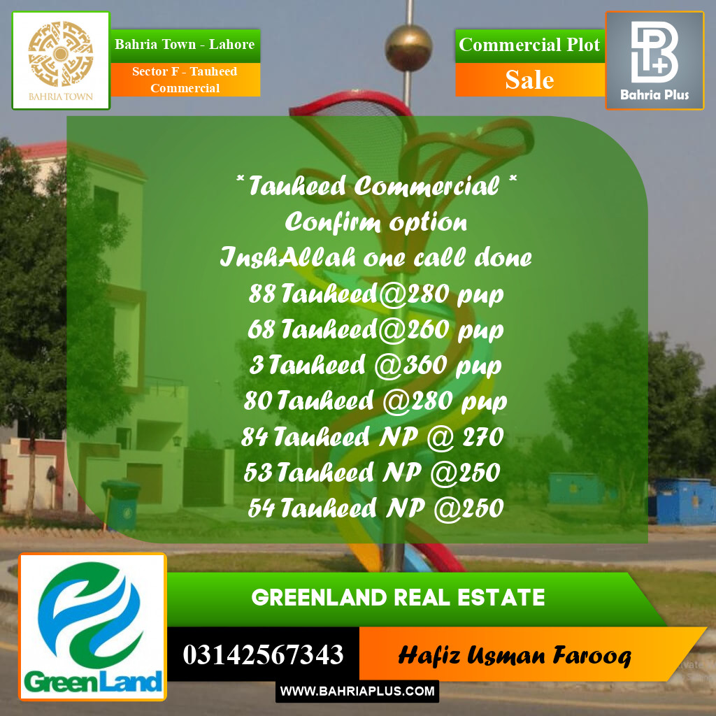 5 Marla Commercial Plot for Sale in Sector F - Tauheed Commercial -  Bahria Town, Lahore - (BP-272834)