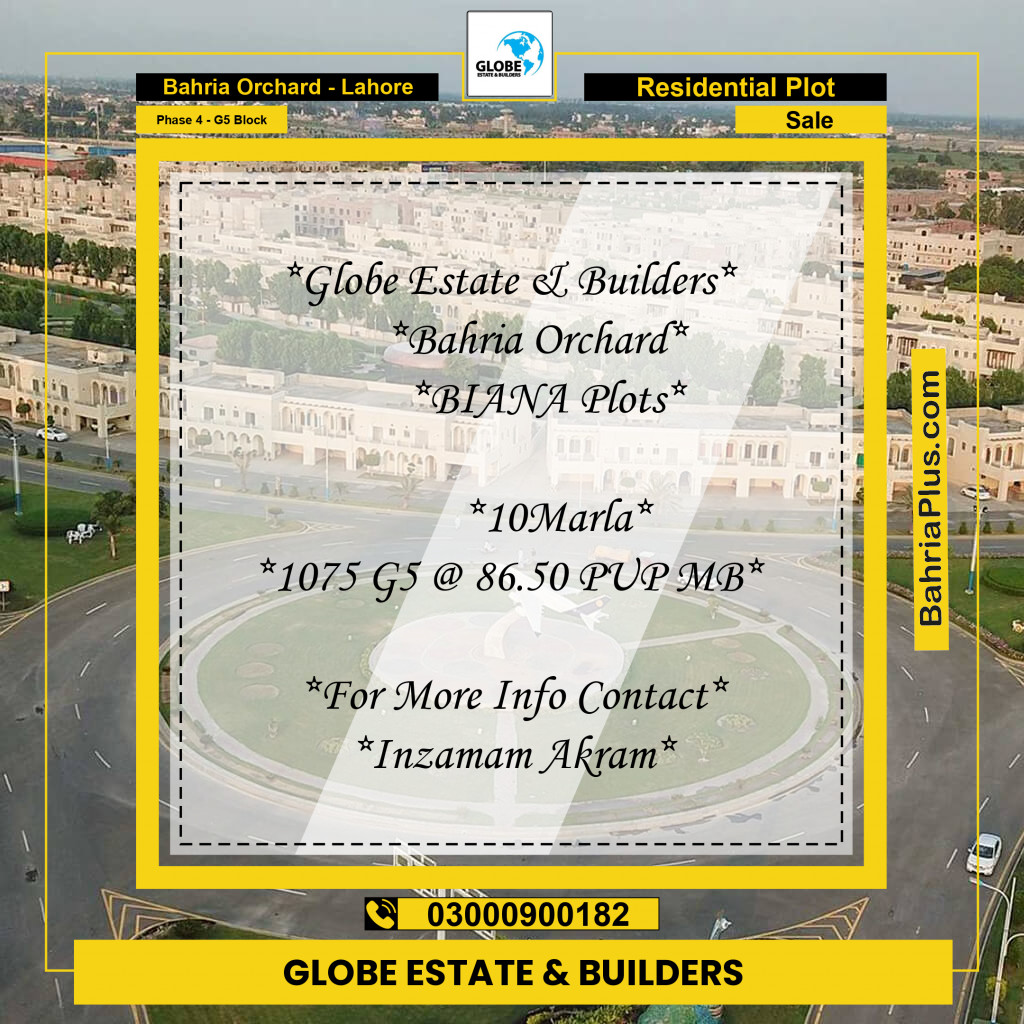 10 Marla Residential Plot for Sale in Phase 4 - G5 Block -  Bahria Orchard, Lahore - (BP-272947)