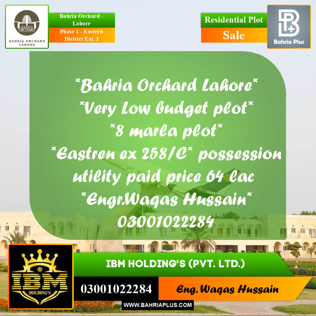 8 Marla Residential Plot for Sale in Phase 1 - Eastern District Ext. I -  Bahria Orchard, Lahore - (BP-273099)