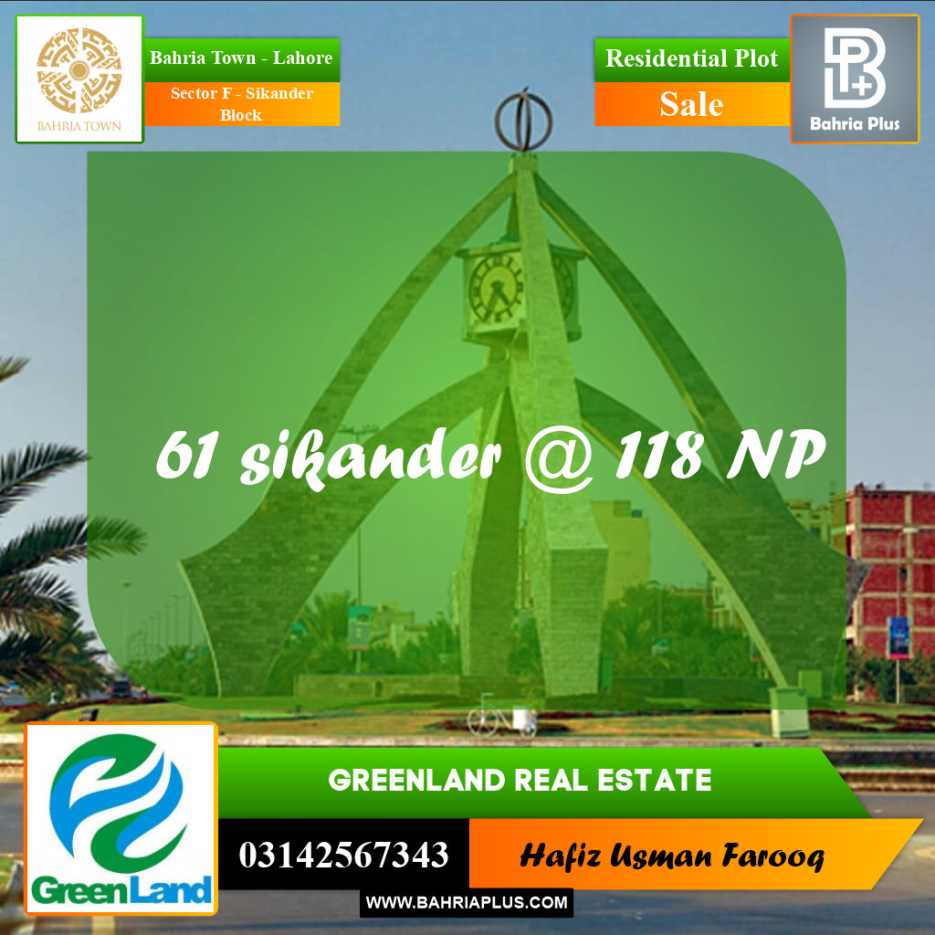 10 Marla Residential Plot for Sale in Sector F - Sikander Block -  Bahria Town, Lahore - (BP-273192)