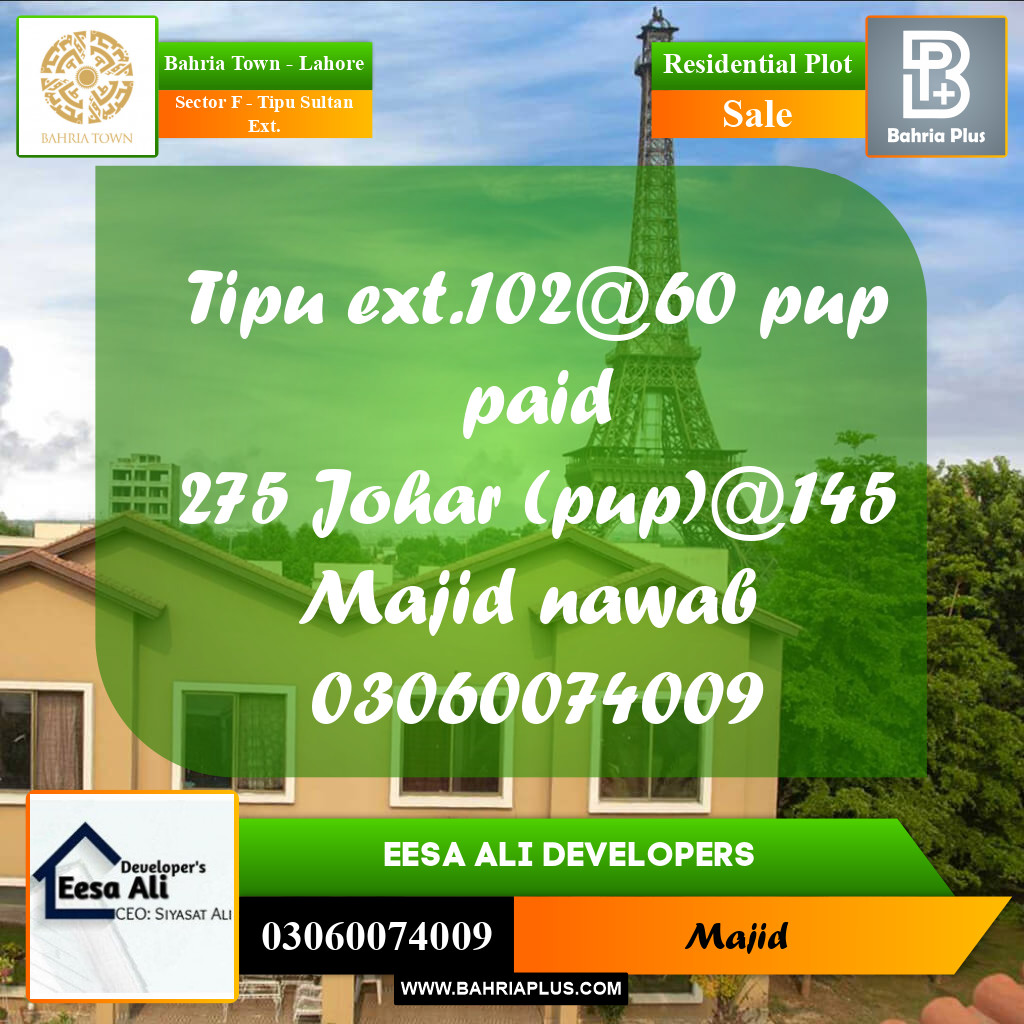 Residential Plot for Sale in Sector F - Tipu Sultan Ext. -  Bahria Town, Lahore - (BP-273218)