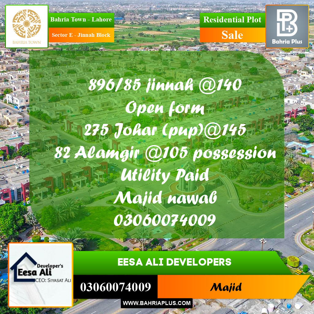 Residential Plot for Sale in Sector E - Jinnah Block -  Bahria Town, Lahore - (BP-273316)