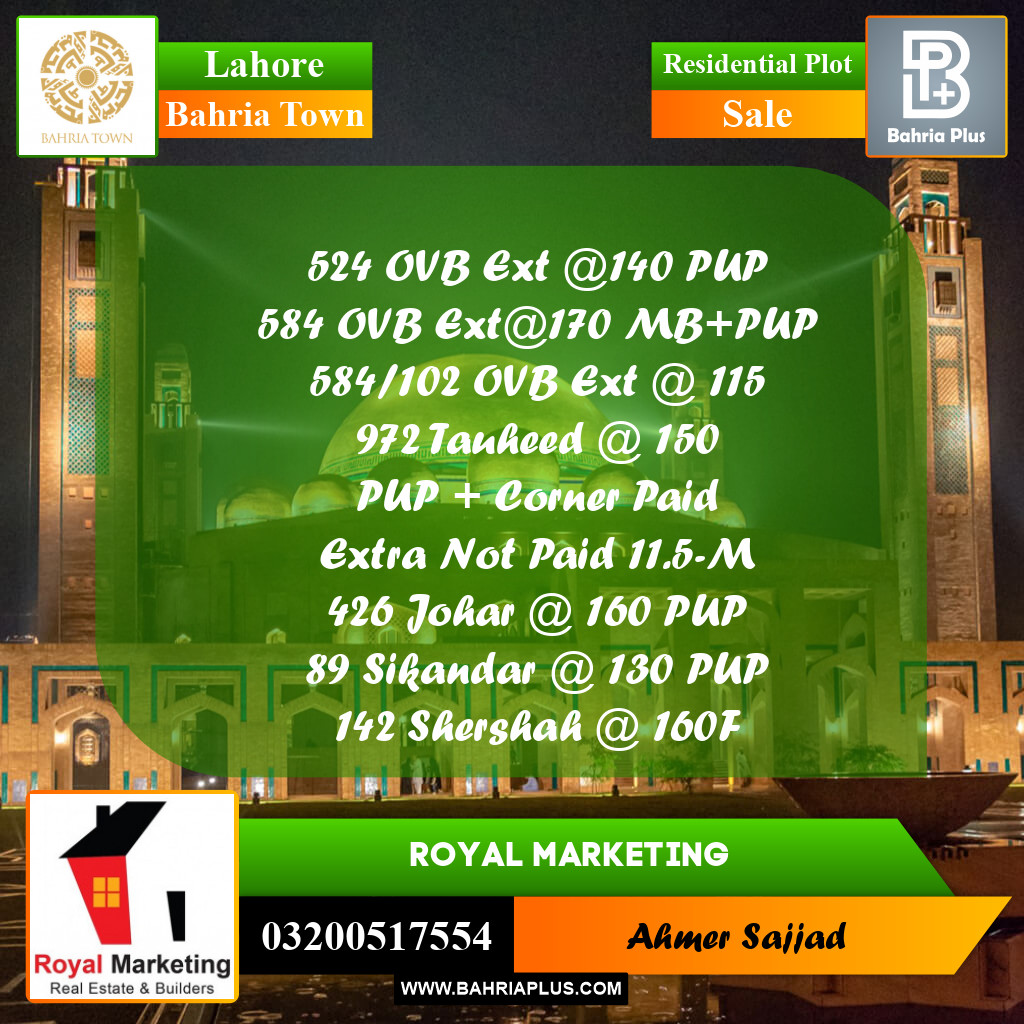 Residential Plot for Sale in Bahria Town, Lahore - (BP-273326)