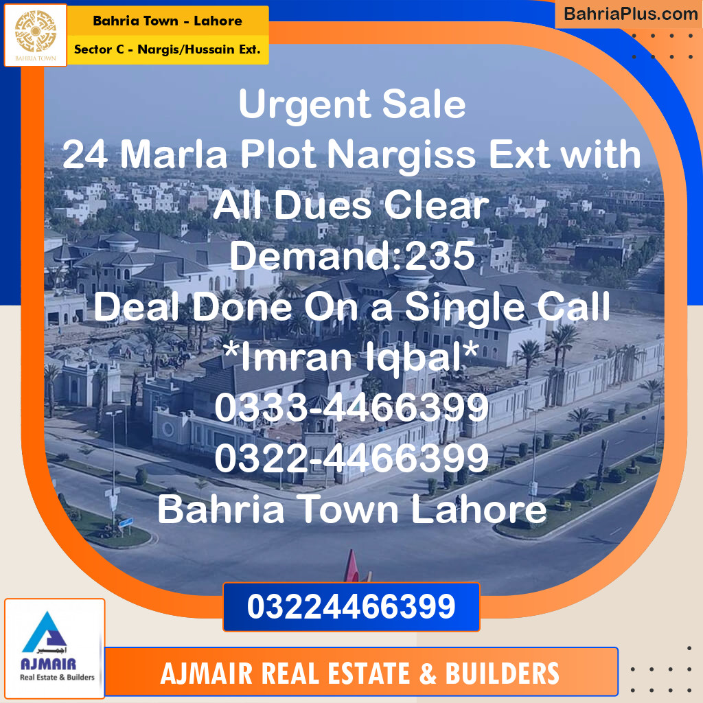 24 Marla Residential Plot for Sale in Sector C - Nargis/Hussain Ext. -  Bahria Town, Lahore - (BP-273367)