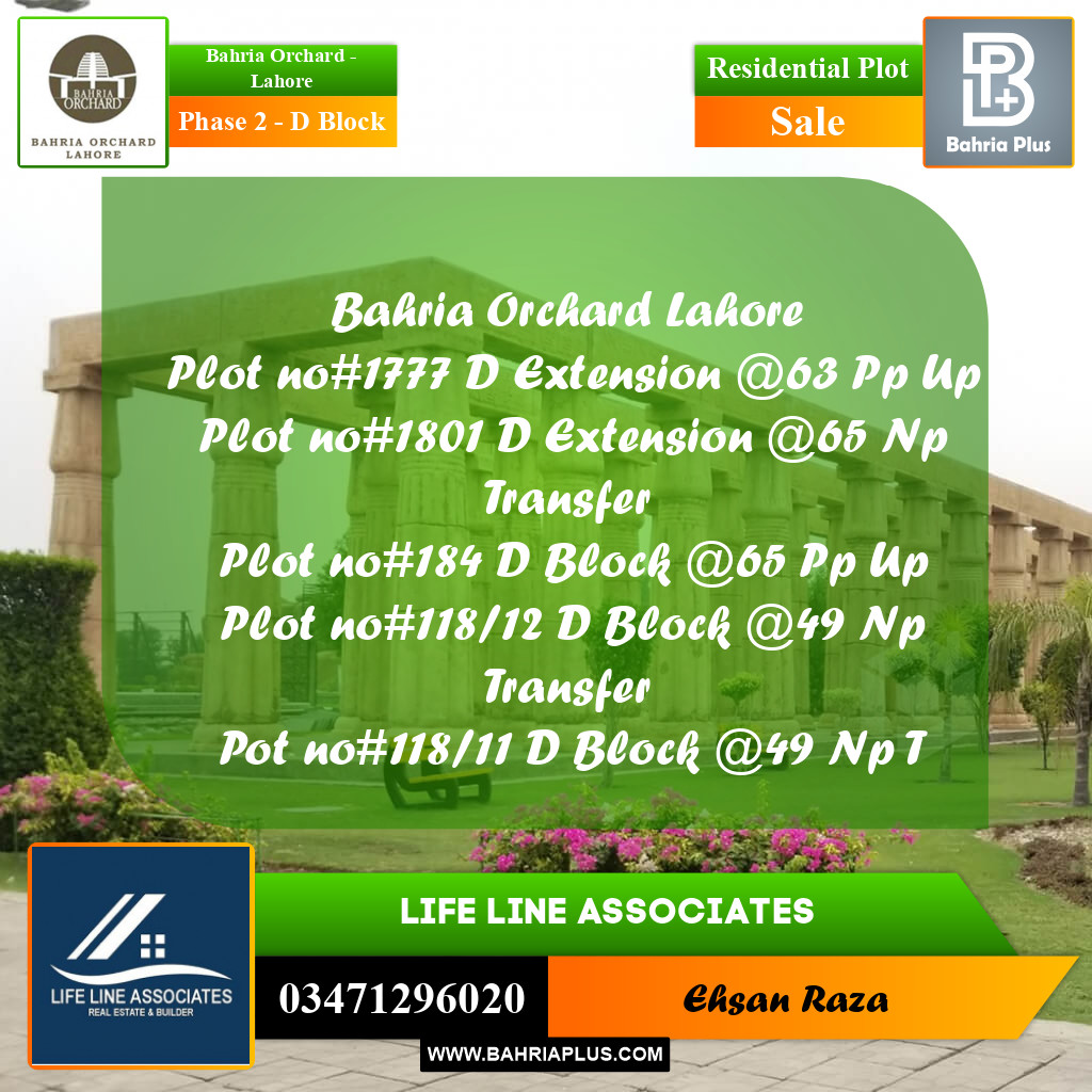 8 Marla Residential Plot for Sale in Phase 2 - D Block -  Bahria Orchard, Lahore - (BP-273379)